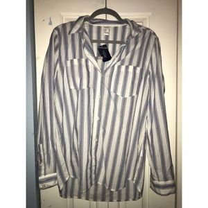 blue and white vertical striped button down